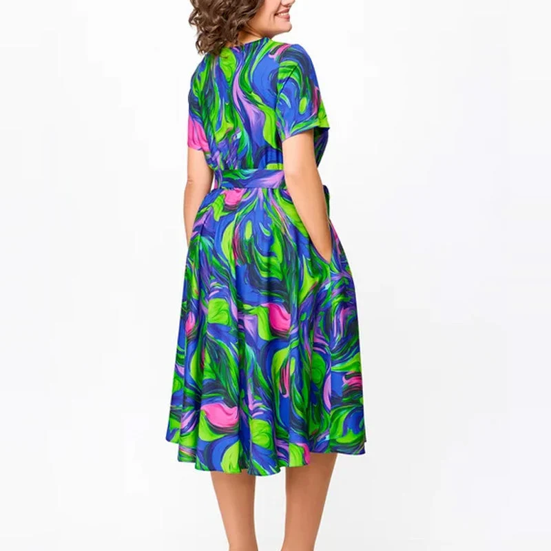 🌈Vestido midi de mujer con estampado y manga corta.-ES