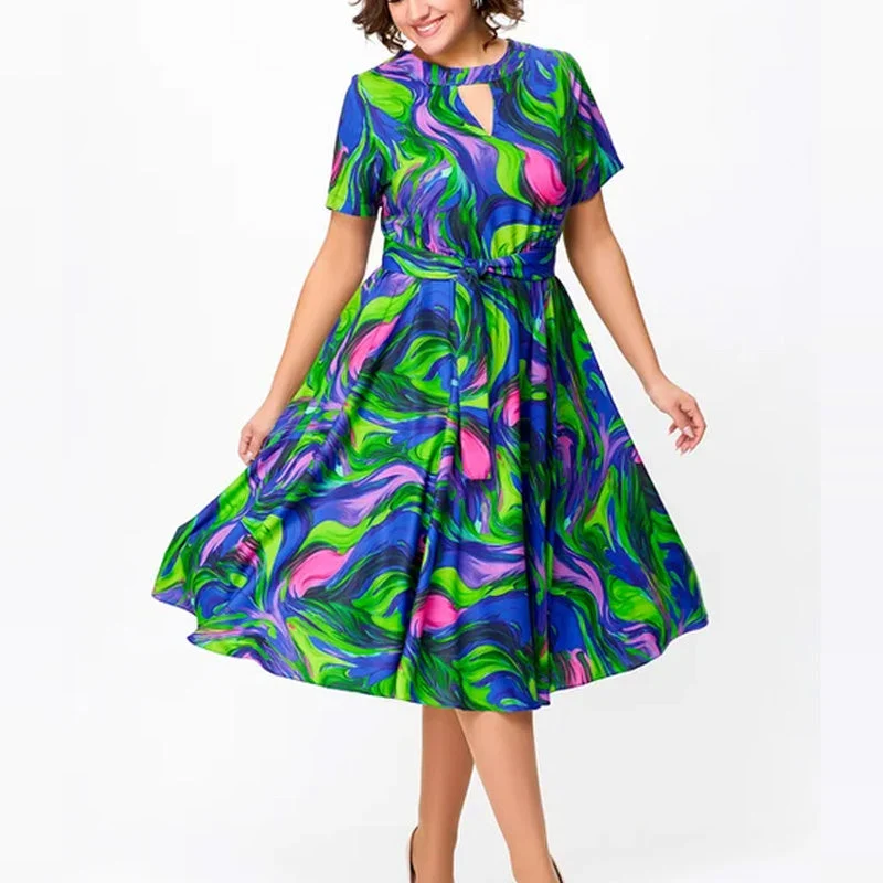 🌈Vestido midi de mujer con estampado y manga corta.-ES