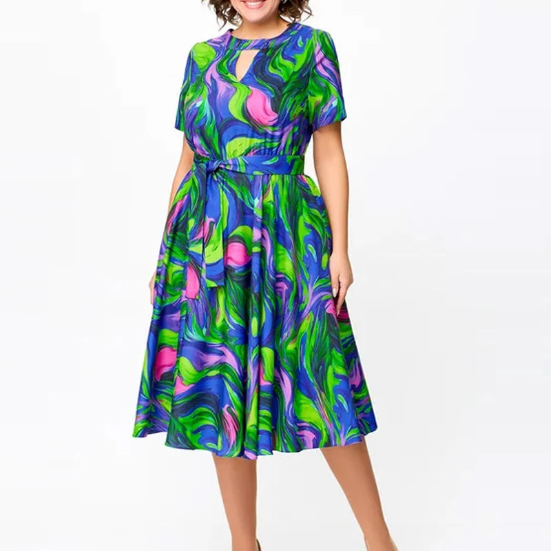 🌈Vestido midi de mujer con estampado y manga corta.-ES