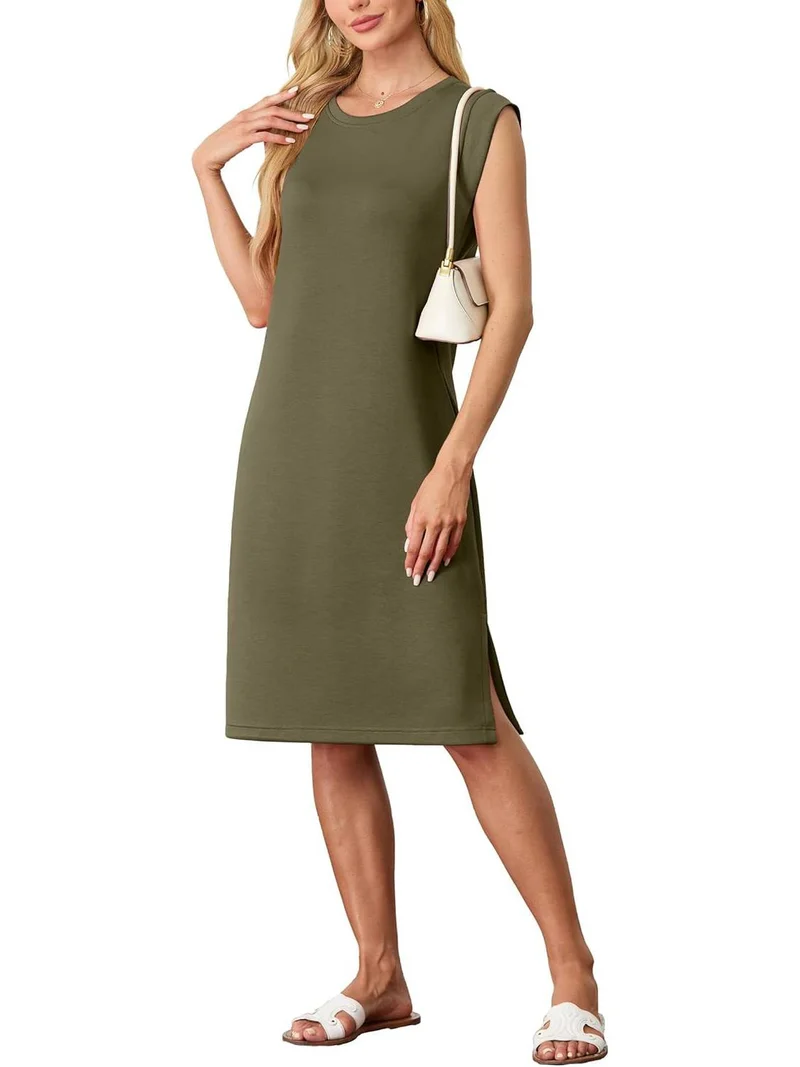 💖Vestido midi holgado de mujer con escote redondo y bolsillos-ES