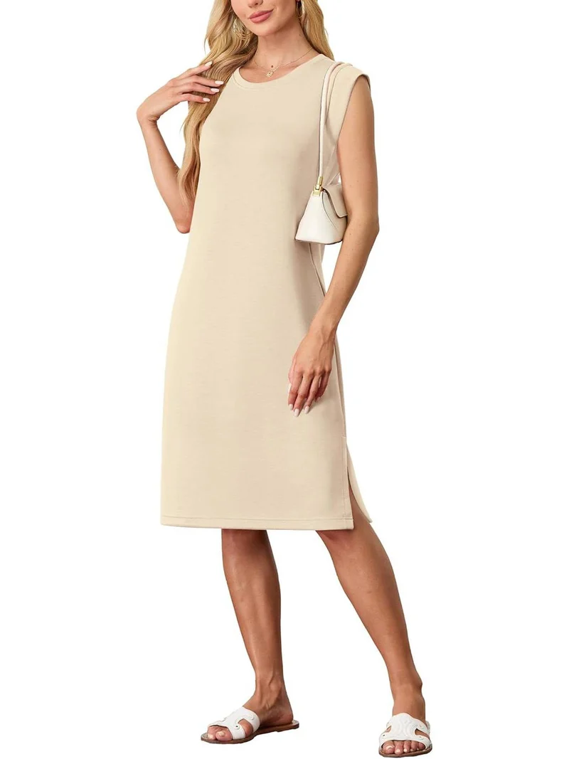 💖Vestido midi holgado de mujer con escote redondo y bolsillos-ES