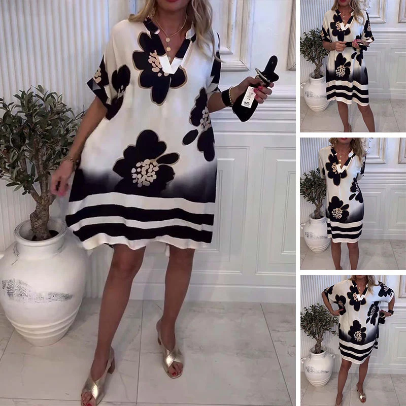 🌸😘 Moteriška laisva suknelė su raštu ir gilia V formos iškirpte🔥-LT