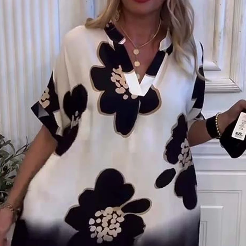 🌸😘 Moteriška laisva suknelė su raštu ir gilia V formos iškirpte🔥-LT