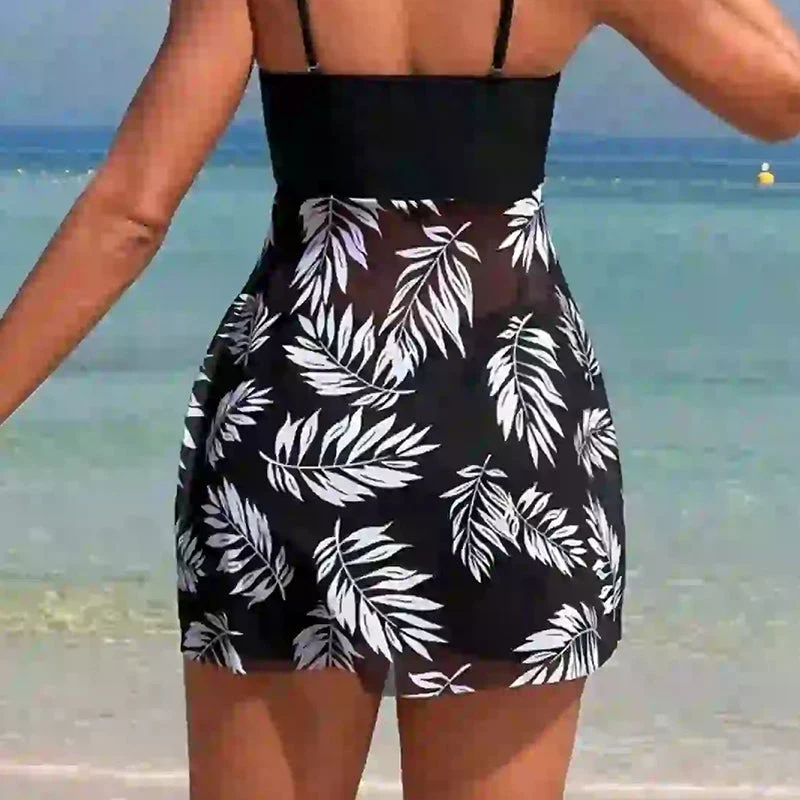 🌴👙Γυναικείο μαγιό δύο τεμαχίων με στάμπα και σορτς με τιράντες-GR