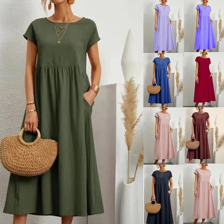 🔥Vestido suelto de algodón de color liso con bolsillos-ES