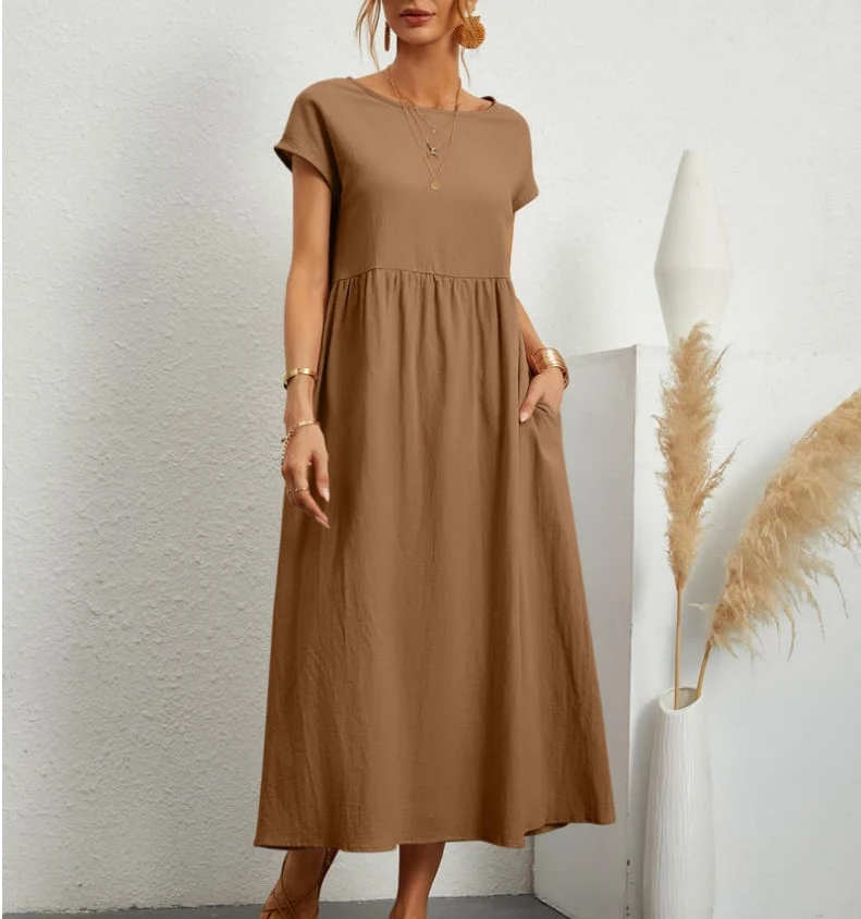 🔥Vestido suelto de algodón de color liso con bolsillos-ES