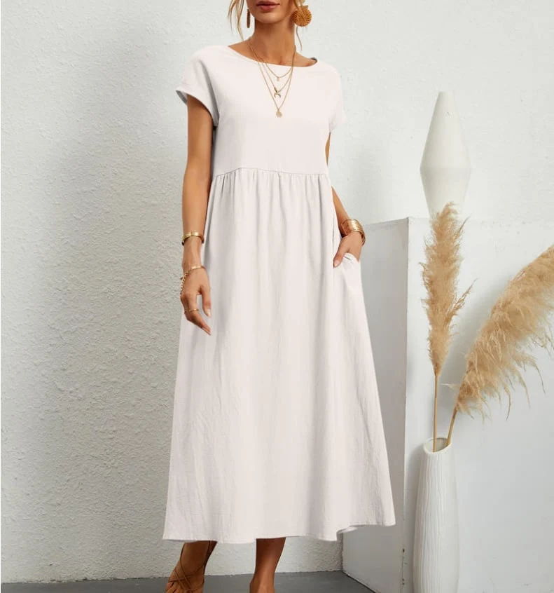 🔥Vestido suelto de algodón de color liso con bolsillos-ES