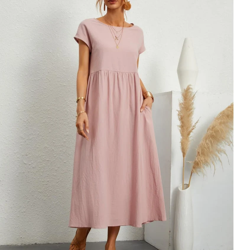🔥Vestido suelto de algodón de color liso con bolsillos-ES