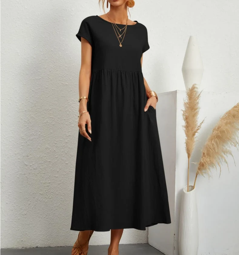 🔥Vestido suelto de algodón de color liso con bolsillos-ES
