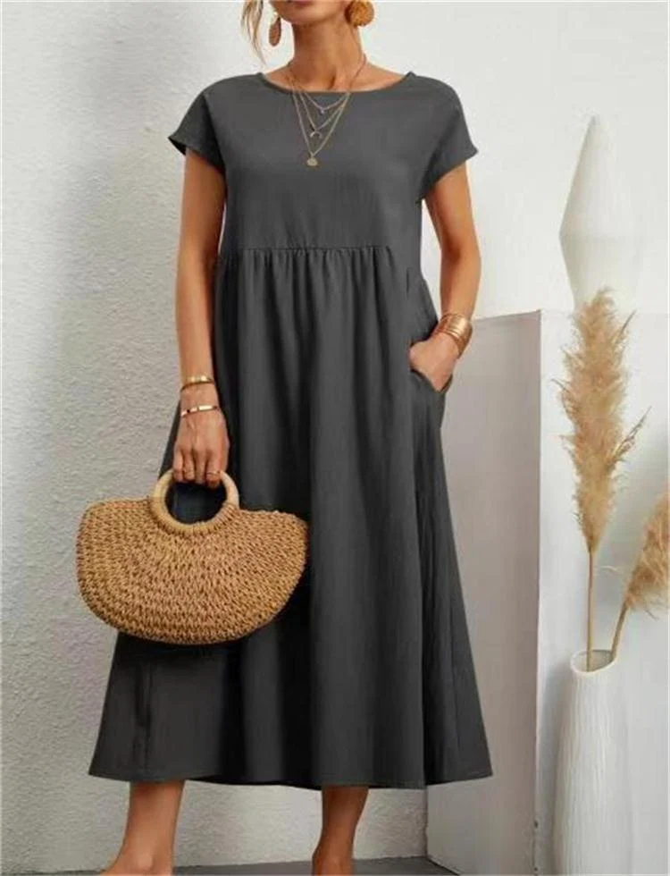 🔥Vestido suelto de algodón de color liso con bolsillos-ES