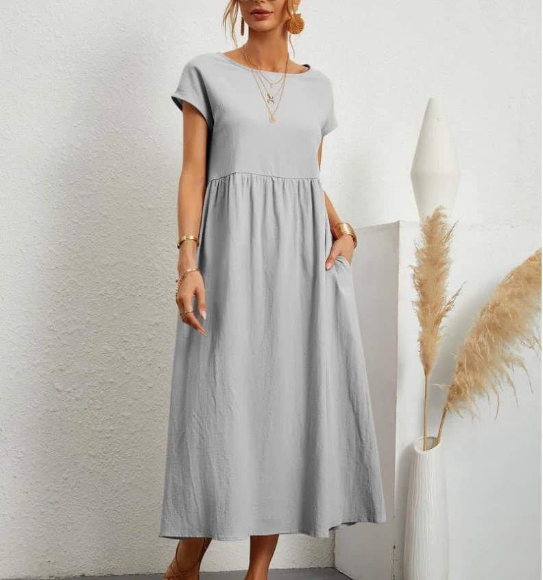 🔥Vestido suelto de algodón de color liso con bolsillos-ES