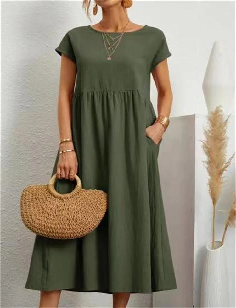 🔥Vestido suelto de algodón de color liso con bolsillos-ES