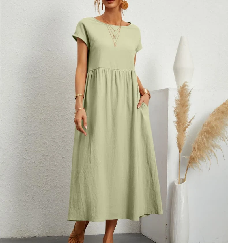 🔥Vestido suelto de algodón de color liso con bolsillos-ES