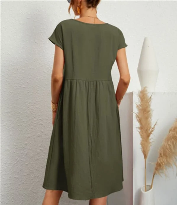 🔥Vestido suelto de algodón de color liso con bolsillos-ES