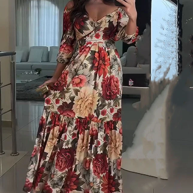 💃Γυναικεία φορέματα με πλισέ V-λαιμόκοψη και λουλούδια-GR