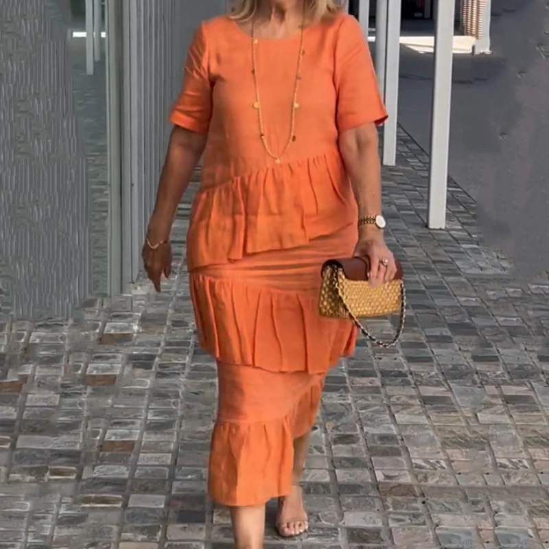 💖Moteriška klostuota suknelė apvaliu kaklu-LT