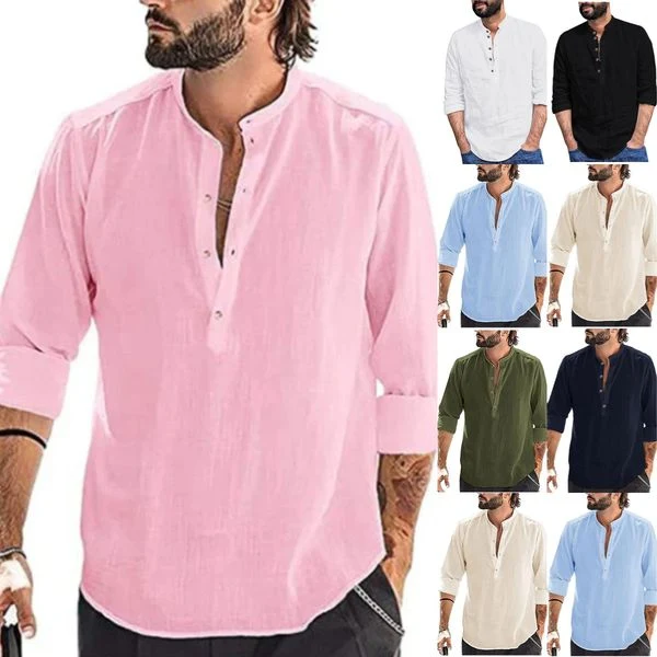 Camisa informal de manga larga de algodón y lino para hombre 2025-ES