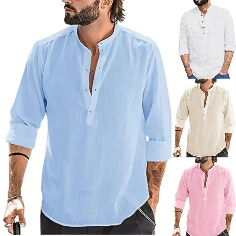 Camisa informal de manga larga de algodón y lino para hombre 2025-ES