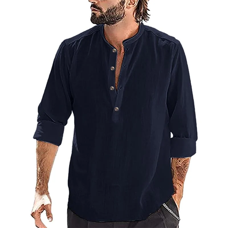Camisa informal de manga larga de algodón y lino para hombre 2025-ES