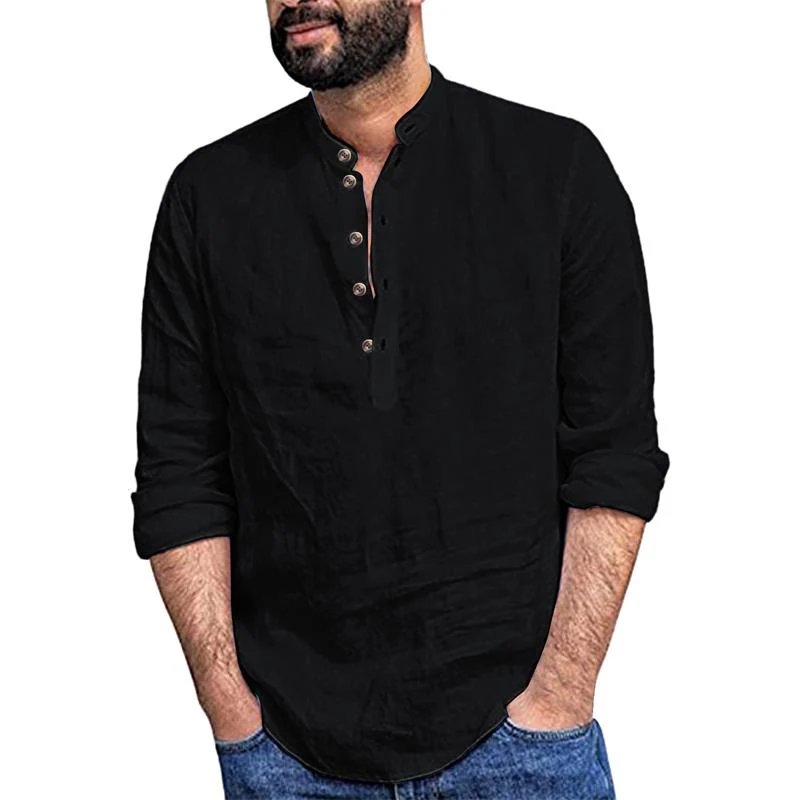 Camisa informal de manga larga de algodón y lino para hombre 2025-ES