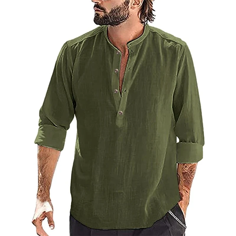 Camisa informal de manga larga de algodón y lino para hombre 2025-ES