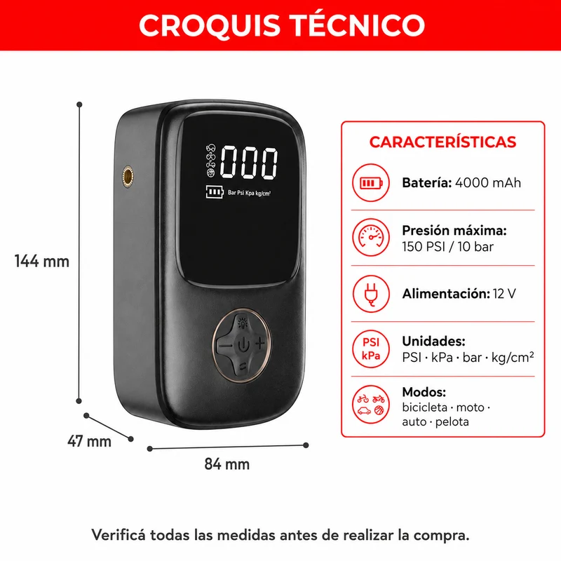 Inflador Compresor Portátil Auto Moto Bicicleta Power Bank