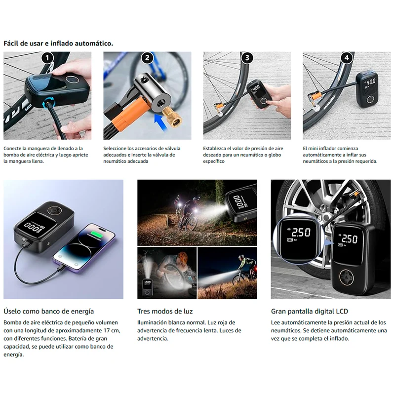 Inflador Compresor Portátil Auto Moto Bicicleta Power Bank