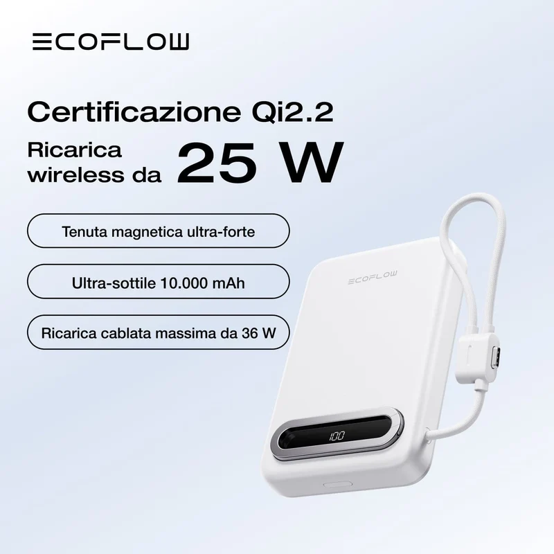 Power bank EcoFlow RAPID Mag Qi2.2 (10.000 mAh, 25 W, cavo USB-C integrato)