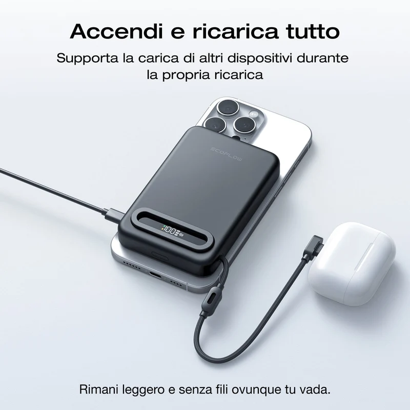 Power bank EcoFlow RAPID Mag Qi2.2 (10.000 mAh, 25 W, cavo USB-C integrato)