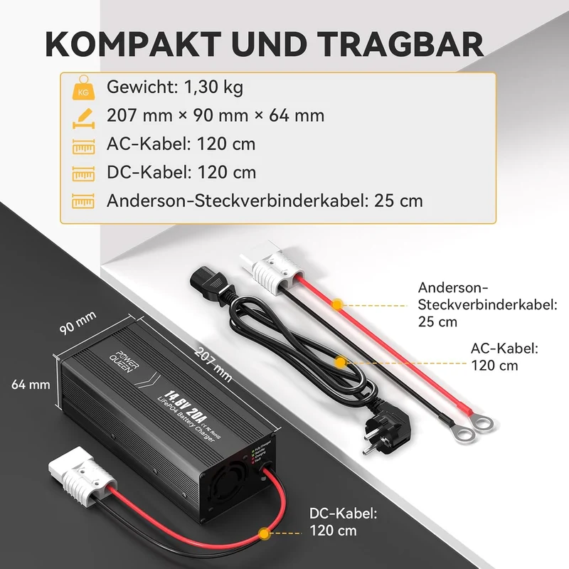 Power Queen 14,6V 20A LiFePO4 Ladegerät für 12V LiFePO4-Batterie