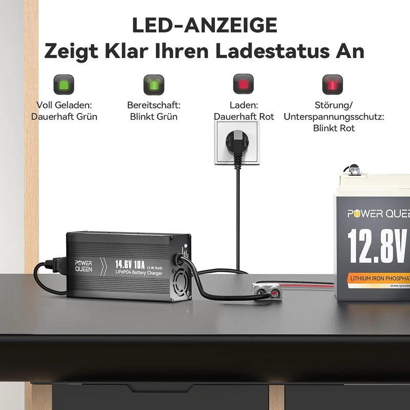 Power Queen 14,6V 10A LiFePO4 Ladegerät für 12V LiFePO4-Batterie
