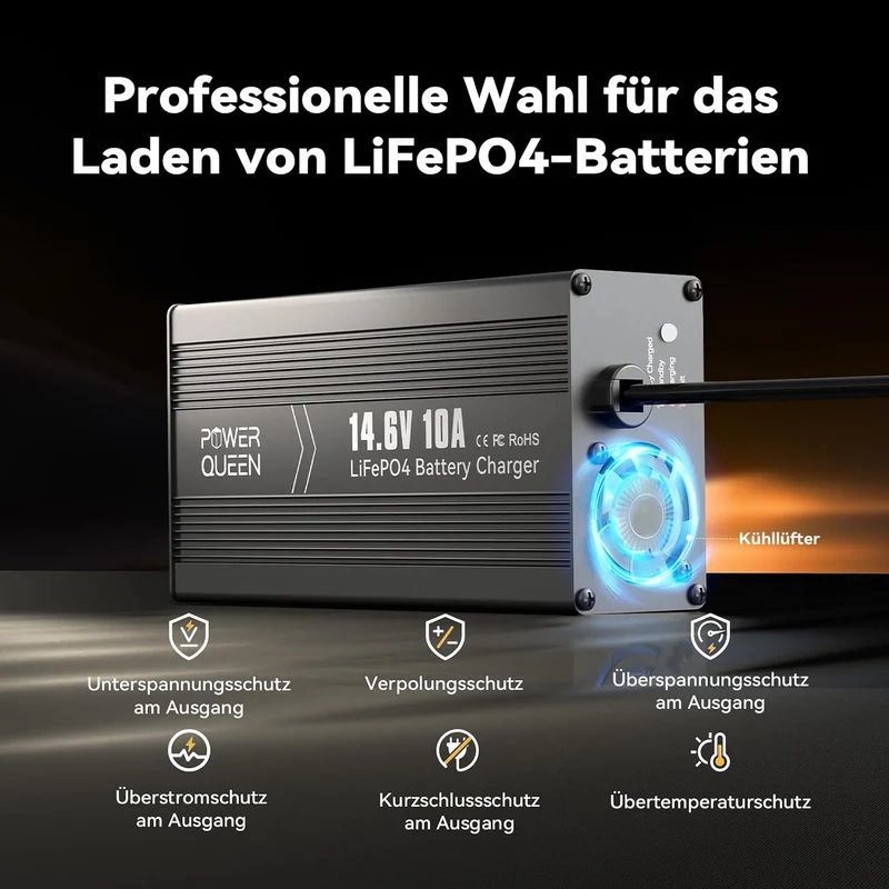 Power Queen 14,6V 10A LiFePO4 Ladegerät für 12V LiFePO4-Batterie