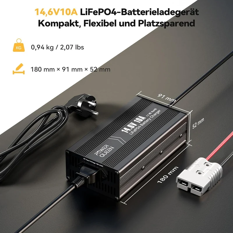 Power Queen 14,6V 10A LiFePO4 Ladegerät für 12V LiFePO4-Batterie