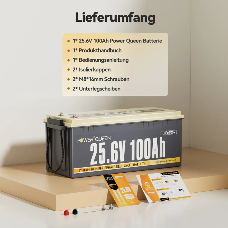 Power Queen 24V 100Ah LiFePO4 Batterie, Eingebautes 100A BMS