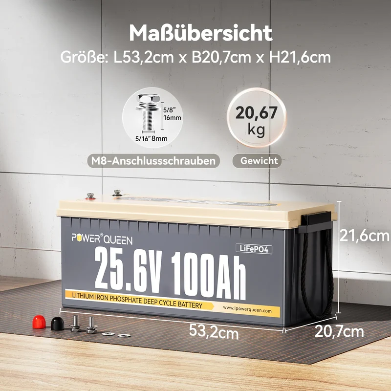 Power Queen 24V 100Ah LiFePO4 Batterie, Eingebautes 100A BMS