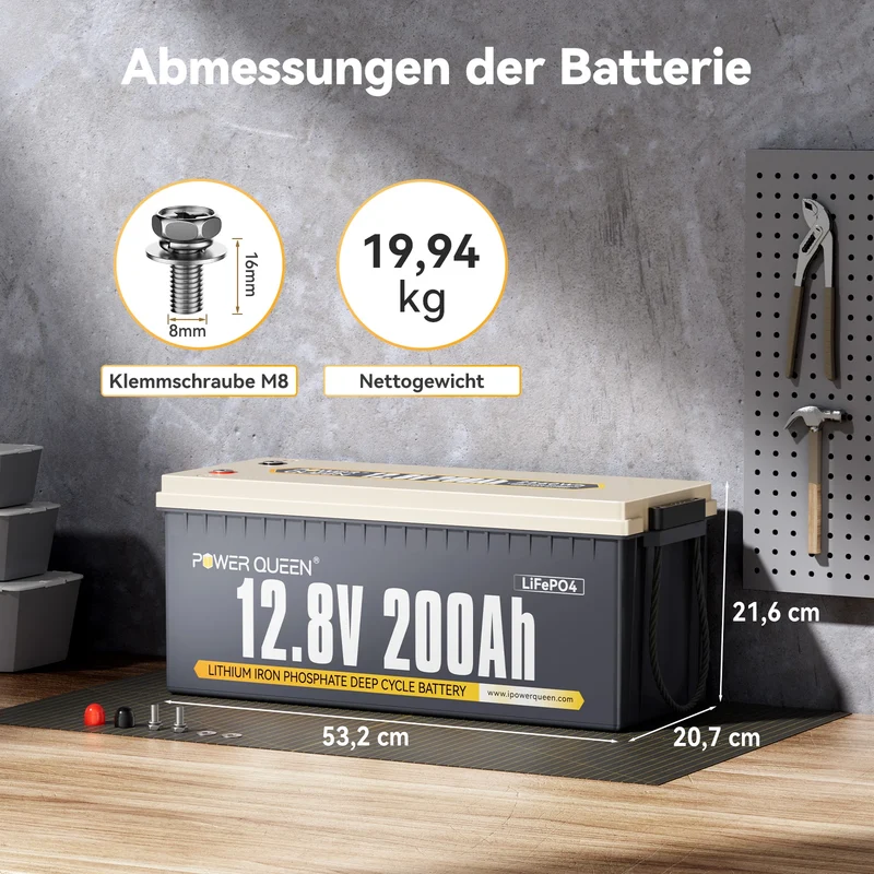 (0% MwSt.) Power Queen 12V 200Ah LiFePO4 Batterie, Eingebautes 100A BMS