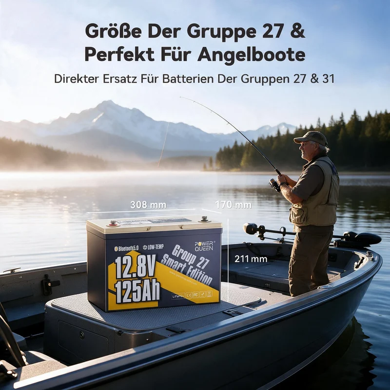 Power Queen 12V 125Ah Group 27 Smart LiFePO4 Versorgungsbatterie