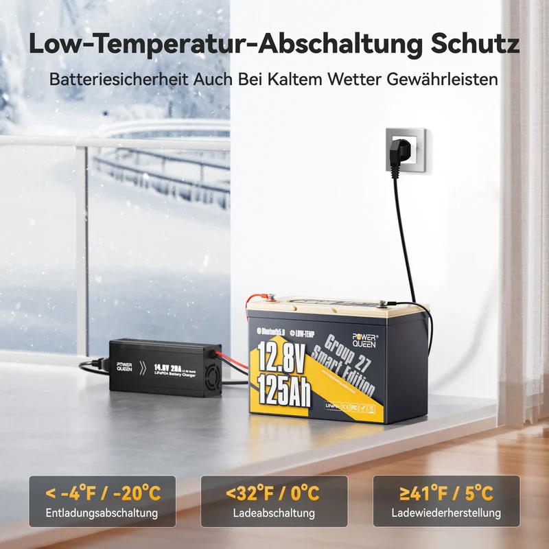 Power Queen 12V 125Ah Group 27 Smart LiFePO4 Versorgungsbatterie
