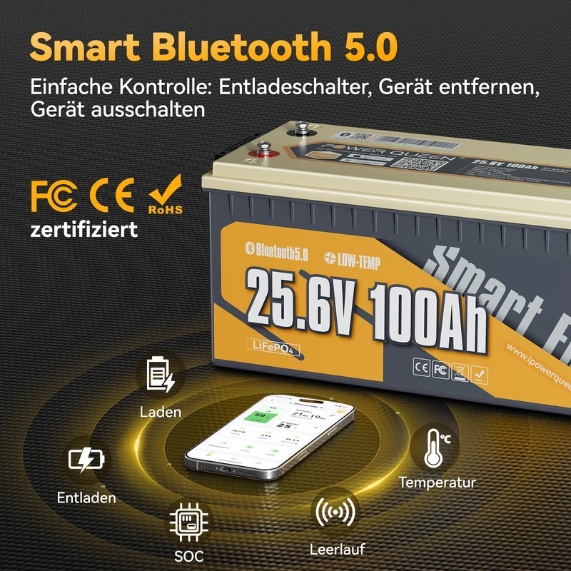 (0% MwSt.) Power Queen LiFePO4 24V 100Ah Smart Solarbatterie mit Bluetooth