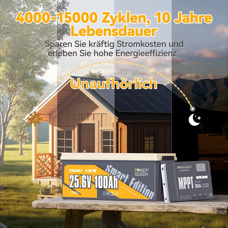 (0% MwSt.) Power Queen LiFePO4 24V 100Ah Smart Solarbatterie mit Bluetooth