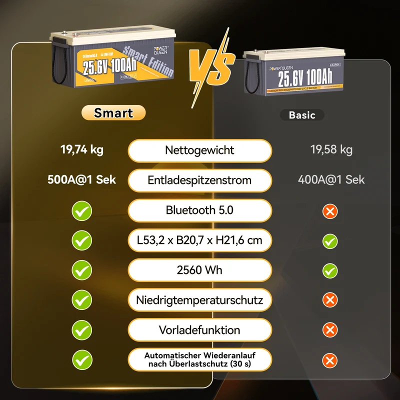 (0% MwSt.) Power Queen LiFePO4 24V 100Ah Smart Solarbatterie mit Bluetooth