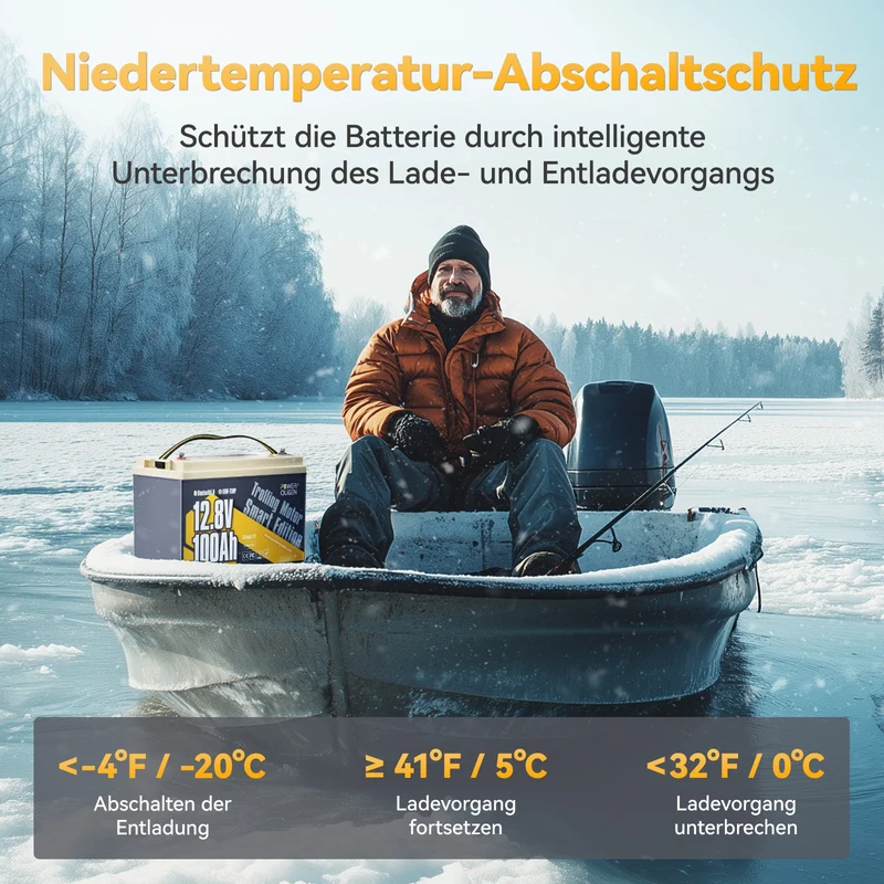 Power Queen LiFePO4 12V 100Ah Niedertemperatur Smart Elektromotor Batterie