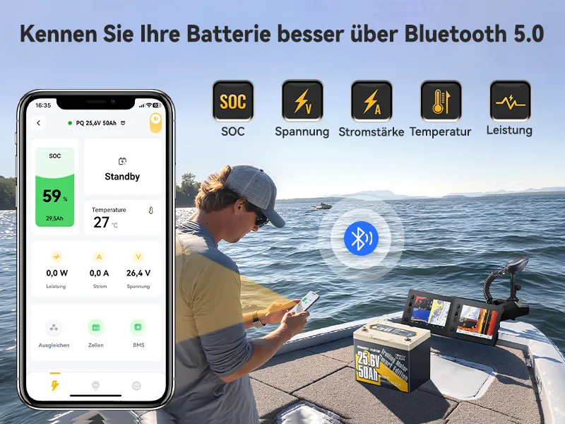 (0% MwSt.) Power Queen LiFePO4 24V 50Ah Smart Niedertemperatur Elektromotor Batterie