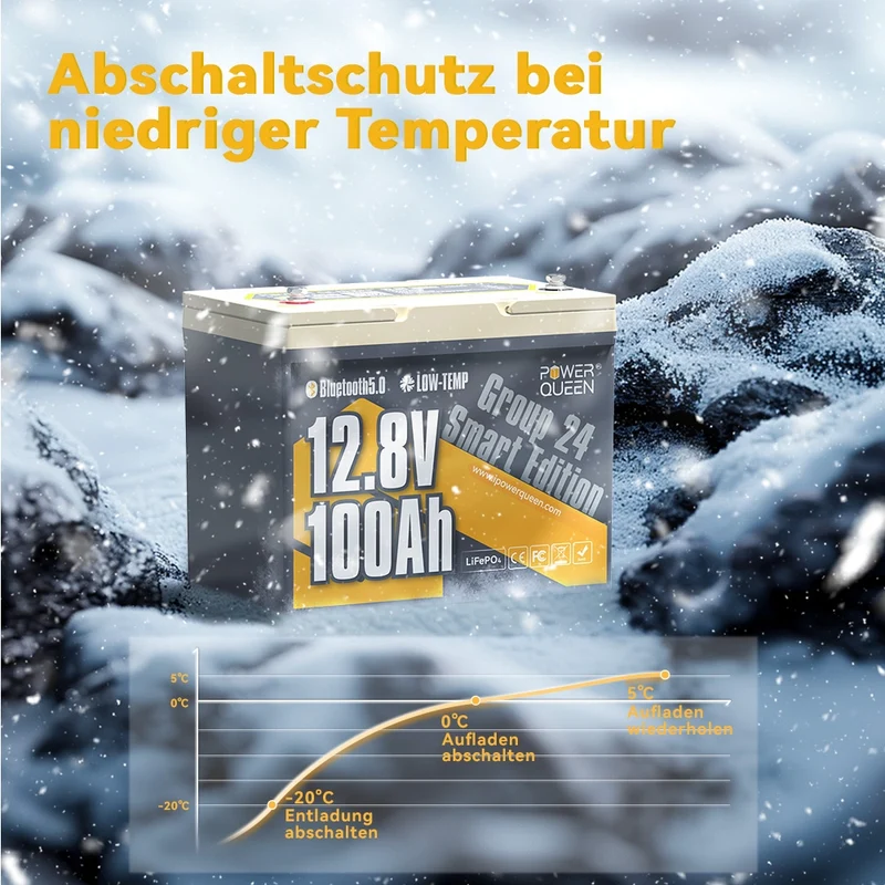Power Queen 12V 100Ah Group 24 Smart LiFePO4 Batterie mit Bluetooth