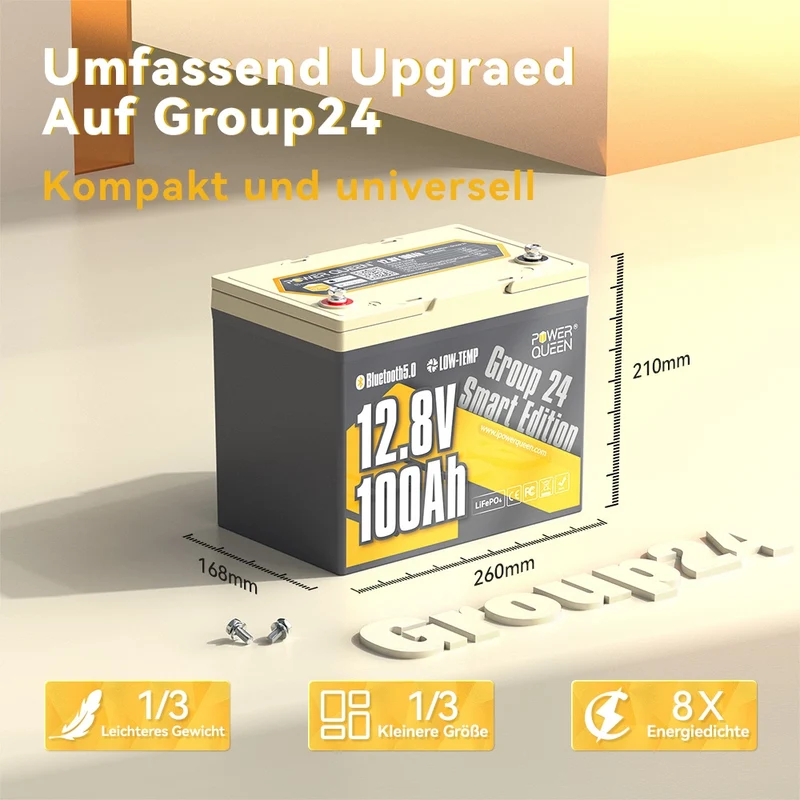 Power Queen 12V 100Ah Group 24 Smart LiFePO4 Batterie mit Bluetooth