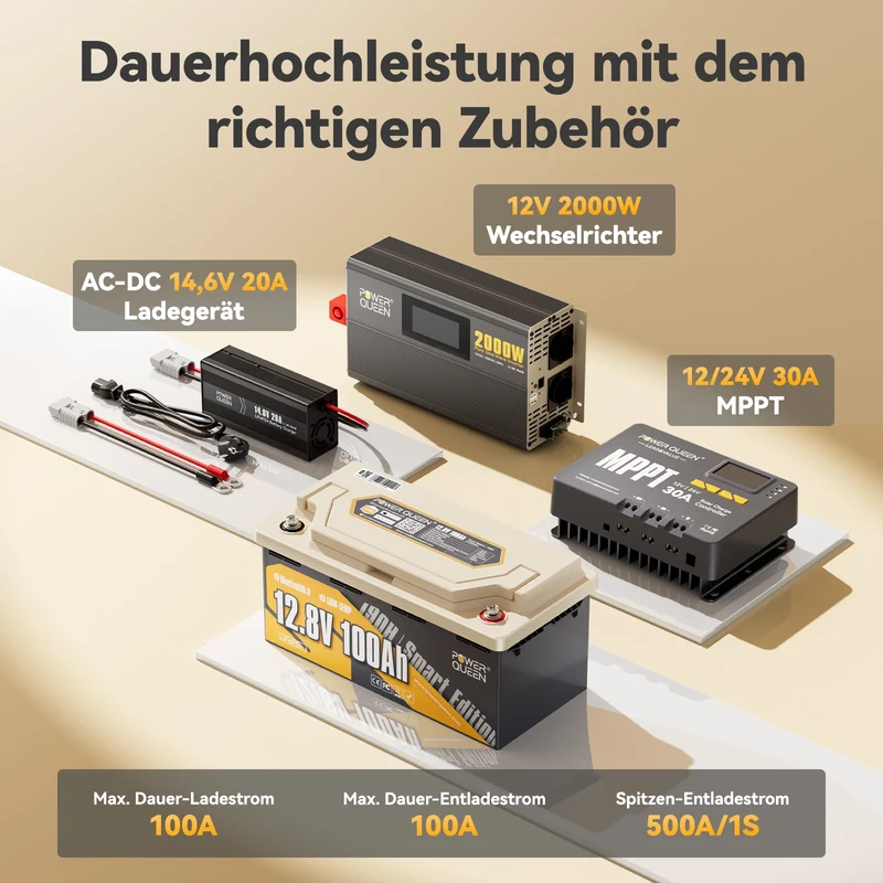 Power Queen LiFePO4 12V 100Ah 190H Smart Wohnmobil Batterie