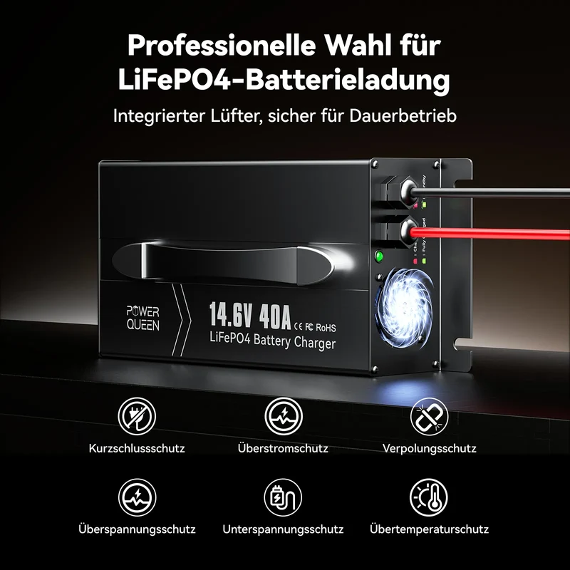 Power Queen 14,6V 40A LiFePO4 Ladegerät mit Griff für 12V Batterie