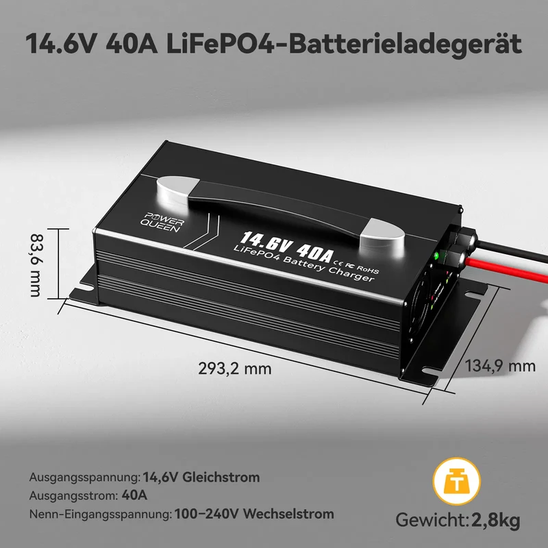 Power Queen 14,6V 40A LiFePO4 Ladegerät mit Griff für 12V Batterie