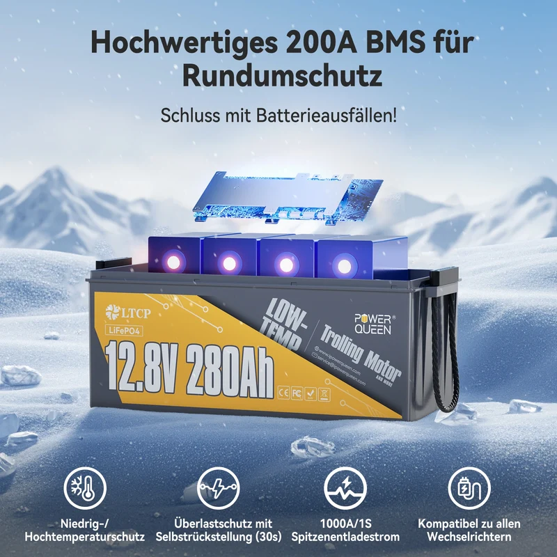 (0% Mwst.) Power Queen 12V 280Ah Niedertemperatur LiFePO4 Batterie