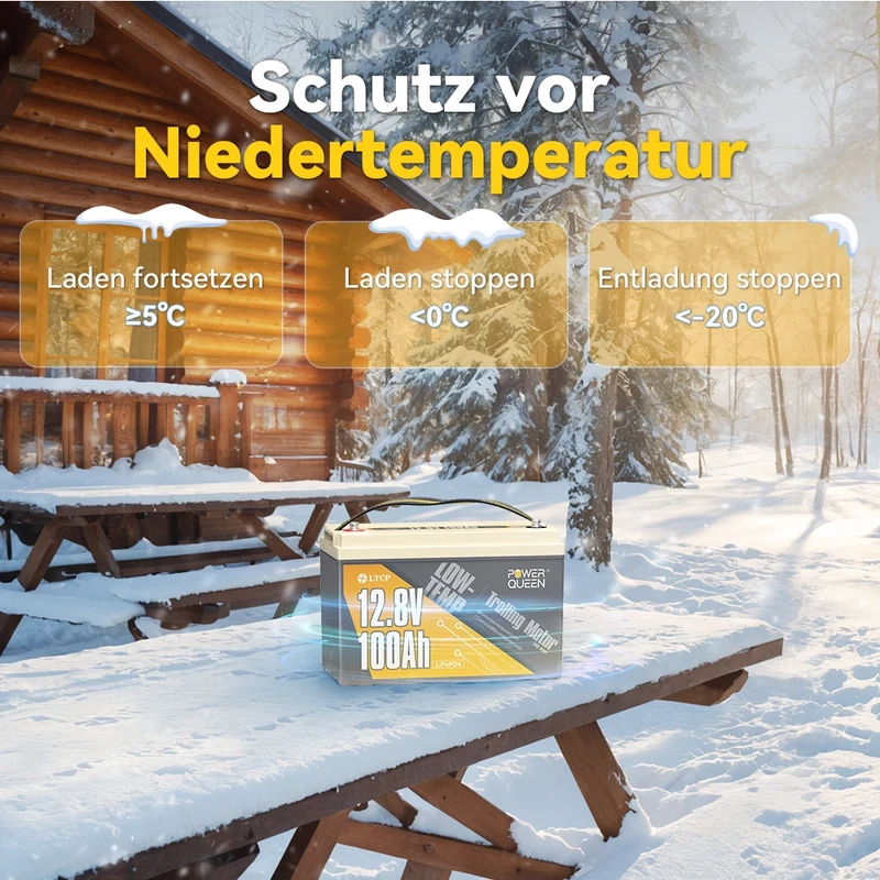 (0% MwSt.) Power Queen 12V 100Ah Niedertemperatur LiFePO4 Batterie mit 100A BMS
